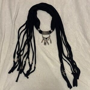 Elegant Black scarf with silver half moon details & fringe